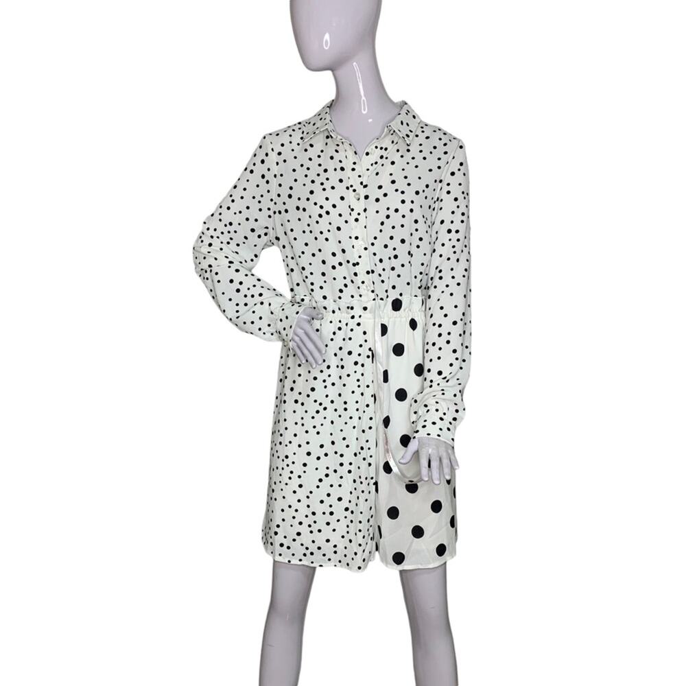 Missguided NWT Collared Dress Long Sleeve White Blue Polka Dot Size 8 Tall